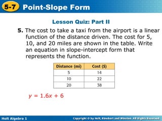 Lesson Quiz: Part II 5.  The cost to take a taxi from the airport is a linear function of the distance driven. The cost for 5, 10, and 20 miles are shown in the table. Write an equation in slope-intercept form that represents the function.  y =  1.6 x  + 6 