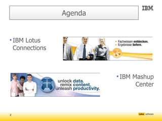 Agenda


• IBM Lotus
  Connections



                         • IBM Mashup
                                Center



2
 