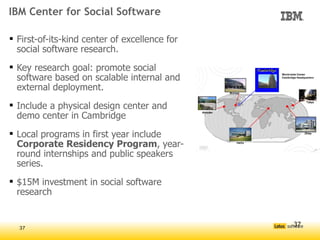 IBM Center for Social Software

 First-of-its-kind center of excellence for
  social software research.
 Key research goal: promote social
  software based on scalable internal and
  external deployment.
 Include a physical design center and
  demo center in Cambridge
 Local programs in first year include
  Corporate Residency Program, year-
  round internships and public speakers
  series.
 $15M investment in social software
  research


                                               37
  37
 