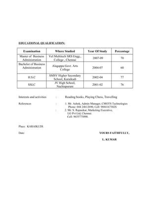 EDUCATIONAL QUALIFICATION:
Examination Where Studied Year Of Study Percentage
Master of Business
Administration
Vel Multitech SRS Engg.,
College , Chennai
2007-09 70
Bachelor of Business
Administration
Alagappa Govt. Arts
College
2004-07 60
H.S.C
SMSV Higher Secondary
School, Karaikudi
2002-04 77
SSLC
JV High School,
Nachiapuram
2001-02 76
Interests and activities : Reading books, Playing Chess, Travelling
References : 1. Mr. Ashok, Admin Manager, CMOTS Technologies
Phone: 044 24612690, Cell: 9884167302S
: 2. Mr. S. Rajasekar, Marketing Executive,
LG Pvt Ltd, Chennai.
Cell: 9655775090.
Place: KARAIKUDI.
Date: YOURS FAITHFULLY,
L. KUMAR
 