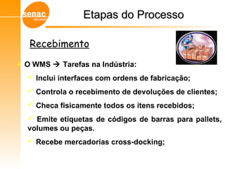  O WMS  Tarefas na Indústria:
 Inclui interfaces com ordens de fabricação;
 Controla o recebimento de devoluções de clientes;
 Checa fisicamente todos os itens recebidos;
 Emite etiquetas de códigos de barras para pallets,
volumes ou peças.
 Recebe mercadorias cross-docking;
Etapas do ProcessoEtapas do Processo
Gerenciamento de Armazéns – Sistema WMS
Recebimento
 