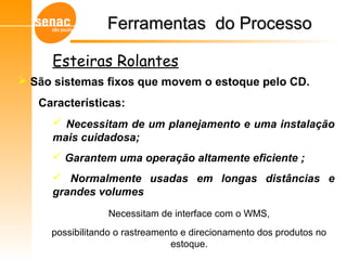  São sistemas fixos que movem o estoque pelo CD.
Características:
 Necessitam de um planejamento e uma instalação
mais cuidadosa;
 Garantem uma operação altamente eficiente ;
 Normalmente usadas em longas distâncias e
grandes volumes
Ferramentas do ProcessoFerramentas do Processo
Gerenciamento de Armazéns – Sistema WMS
Esteiras Rolantes
Necessitam de interface com o WMS,
possibilitando o rastreamento e direcionamento dos produtos no
estoque.
 