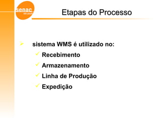 Etapas do ProcessoEtapas do Processo
 O sistema WMS é utilizado no:
 Recebimento
 Armazenamento
 Linha de Produção
 Expedição
Gerenciamento de Armazéns – Sistema WMS
 