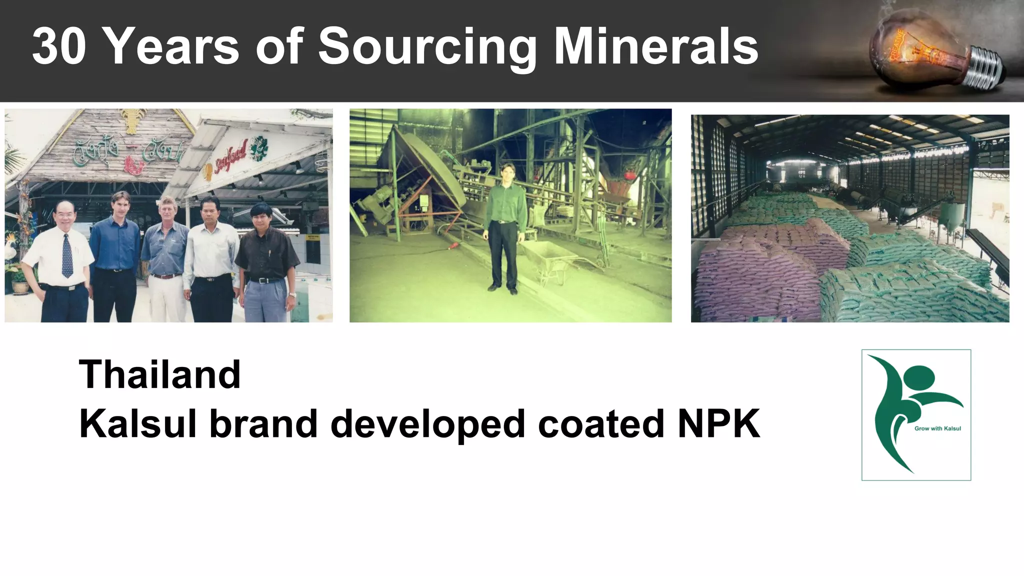 30 Years of Sourcing Minerals
Thailand
Kalsul brand developed coated NPK
 