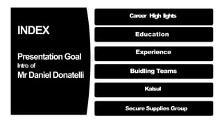 INDEX
PresentationGoal
Intro of
MrDanielDonatelli
Career High lights
Education
Experience
Buidling Teams
Kalsul
Secure Supplies Group
 
