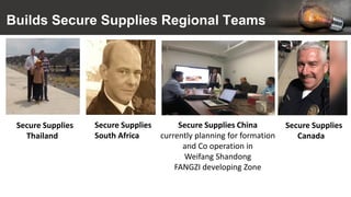 Builds Secure Supplies Regional Teams
Secure Supplies
Thailand
Secure Supplies
South Africa
Secure Supplies China
currently planning for formation
and Co operation in
Weifang Shandong
FANGZI developing Zone
Secure Supplies
Canada
 