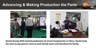 Advancing & Making Production the Parts
Daniel during 2019 started production of serval Components in China. Daniel took
the time to pay person visits to each family team and introduce his family.
 