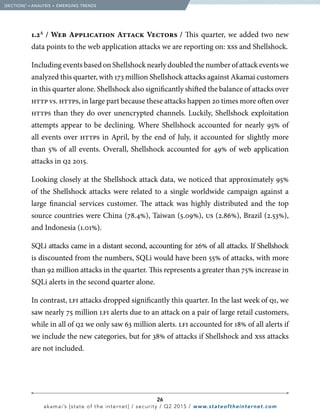 26
akamai’s [state of the internet] / security / Q2 2015 / www.stateoftheinternet.com
1.2A
/ Web Application Attack Vectors / This quarter, we added two new
data points to the web application attacks we are reporting on: xss and Shellshock.
Including events based on Shellshock nearly doubled the number of attack events we
analyzed this quarter, with 173 million Shellshock attacks against Akamai customers
in this quarter alone. Shellshock also significantly shifted the balance of attacks over
http vs. https, in large part because these attacks happen 20 times more often over
https than they do over unencrypted channels. Luckily, Shellshock exploitation
attempts appear to be declining. Where Shellshock accounted for nearly 95% of
all events over https in April, by the end of July, it accounted for slightly more
than 5% of all events. Overall, Shellshock accounted for 49% of web application
attacks in q2 2015.
Looking closely at the Shellshock attack data, we noticed that approximately 95%
of the Shellshock attacks were related to a single worldwide campaign against a
large financial services customer. The attack was highly distributed and the top
source countries were China (78.4%), Taiwan (5.09%), us (2.86%), Brazil (2.53%),
and Indonesia (1.01%).
SQLi attacks came in a distant second, accounting for 26% of all attacks. If Shellshock
is discounted from the numbers, SQLi would have been 55% of attacks, with more
than 92 million attacks in the quarter. This represents a greater than 75% increase in
SQLi alerts in the second quarter alone.
In contrast, lfi attacks dropped significantly this quarter. In the last week of q1, we
saw nearly 75 million lfi alerts due to an attack on a pair of large retail customers,
while in all of q2 we only saw 63 million alerts. lfi accounted for 18% of all alerts if
we include the new categories, but for 38% of attacks if Shellshock and xss attacks
are not included.
  [SECTION]1
= ANALYSIS + EMERGING TRENDS
 