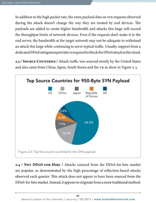 41
akamai’s [state of the internet] / security / Q2 2015 / www.stateoftheinternet.com
In addition to the high packet rate, the extra payload data on syn requests observed
during the attack doesn’t change the way they are treated by end devices. The
payloads are added to create higher bandwidth and attacks this large will exceed
the throughput limits of network devices. Even if the requests don’t make it to the
end server, the bandwidth at the target network may not be adequate to withstand
an attack this large while continuing to serve typical traffic. Usually, support from a
dedicatedDDoSmitigationproviderisrequiredtoblocktheDDoSattackinthecloud.
2.3 / Source Countries / Attack traffic was sourced mostly by the United States
and also came from China, Japan, South Korea and the uk as show in Figure 2-3.
2.4 / Not DDoS-for-Hire / Attacks sourced from the DDoS-for-hire market
are popular, as demonstrated by the high percentage of reflection-based attacks
observed each quarter. This attack does not appear to have been sourced from the
DDoS-for-hiremarket.Instead,itappearstooriginatefromamoretraditionalmethod:
  [SECTION]2
= DDoS ATTACK SPOTLIGHT
64.2%
16.3%
7.5%
6.4%
5.6%
US China Japan Republic
of Korea
UK
Top Source Countries for 950-Byte SYN Payload
 Figure 2-3: Top five source countries for the SYN payload
 