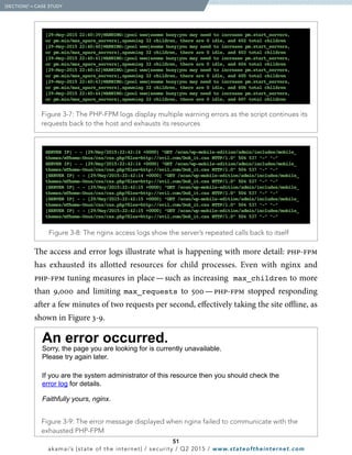 The access and error logs illustrate what is happening with more detail: php-fpm
has exhausted its allotted resources for child processes. Even with nginx and
php-fpm tuning measures in place — such as increasing max_children to more
than 9,000 and limiting max_requests to 500 — php-fpm stopped responding
after a few minutes of two requests per second, effectively taking the site offline, as
shown in Figure 3-9.
  Figure 3-7: The PHP-FPM logs display multiple warning errors as the script continues its
requests back to the host and exhausts its resources
[29-May-2015 22:40:39]WARNING:[pool www]seems busy(you may need to increase pm.start_servers,
or pm.min/max_spare_servers),spawning 32 children, there are 0 idle, and 602 total children
[29-May-2015 22:40:40]WARNING:[pool www]seems busy(you may need to increase pm.start_servers,
or pm.min/max_spare_servers),spawning 32 children, there are 0 idle, and 603 total children
[29-May-2015 22:40:41]WARNING:[pool www]seems busy(you may need to increase pm.start_servers,
or pm.min/max_spare_servers),spawning 32 children, there are 0 idle, and 604 total children
[29-May-2015 22:40:42]WARNING:[pool www]seems busy(you may need to increase pm.start_servers,
or pm.min/max_spare_servers),spawning 32 children, there are 0 idle, and 605 total children
[29-May-2015 22:40:43]WARNING:[pool www]seems busy(you may need to increase pm.start_servers,
or pm.min/max_spare_servers),spawning 32 children, there are 0 idle, and 606 total children
[29-May-2015 22:40:44]WARNING:[pool www]seems busy(you may need to increase pm.start_servers,
or pm.min/max_spare_servers),spawning 32 children, there are 0 idle, and 607 total children
  Figure 3-8: The nginx access logs show the server’s repeated calls back to itself
 Figure 3-9: The error message displayed when nginx failed to communicate with the
exhausted PHP-FPM
An error occurred.
Sorry, the page you are looking for is currently unavailable.
Please try again later.
If you are the system administrator of this resource then you should check the
error log for details.
Faithfully yours, nginx.
51
akamai’s [state of the internet] / security / Q2 2015 / www.stateoftheinternet.com
  [SECTION]3
= CASE STUDY
 