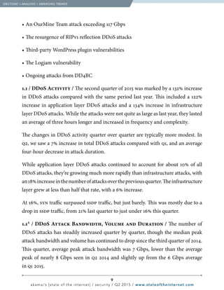9
akamai’s [state of the internet] / security / Q2 2015 / www.stateoftheinternet.com
•	An OurMine Team attack exceeding 117 Gbps
•	The resurgence of RIPv1 reflection DDoS attacks
•	Third-party WordPress plugin vulnerabilities
•	The Logjam vulnerability
•	Ongoing attacks from DD4BC
1.1 / DDoS Activity / The second quarter of 2015 was marked by a 132% increase
in DDoS attacks compared with the same period last year. This included a 122%
increase in application layer DDoS attacks and a 134% increase in infrastructure
layer DDoS attacks. While the attacks were not quite as large as last year, they lasted
an average of three hours longer and increased in frequency and complexity.
The changes in DDoS activity quarter over quarter are typically more modest. In
q2, we saw a 7% increase in total DDoS attacks compared with q1, and an average
four-hour decrease in attack duration.
While application layer DDoS attacks continued to account for about 10% of all
DDoS attacks, they’re growing much more rapidly than infrastructure attacks, with
an18%increaseinthenumberofattacksoverthepreviousquarter.Theinfrastructure
layer grew at less than half that rate, with a 6% increase.
At 16%, syn traffic surpassed ssdp traffic, but just barely. This was mostly due to a
drop in ssdp traffic, from 21% last quarter to just under 16% this quarter.
1.1A
/ DDoS Attack Bandwidth, Volume and Duration / The number of
DDoS attacks has steadily increased quarter by quarter, though the median peak
attack bandwidth and volume has continued to drop since the third quarter of 2014.
This quarter, average peak attack bandwidth was 7 Gbps, lower than the average
peak of nearly 8 Gbps seen in q2 2014 and slightly up from the 6 Gbps average
in q1 2015. 				
  [SECTION]1
= ANALYSIS + EMERGING TRENDS
 
