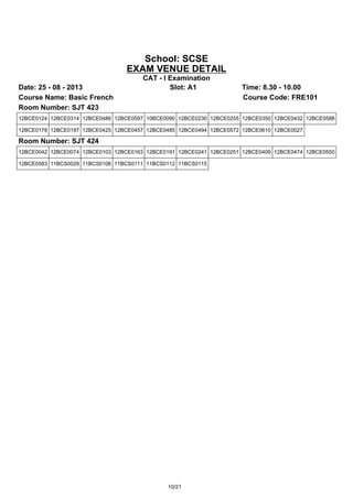 School: SCSE
EXAM VENUE DETAIL
CAT - I Examination
Date: 25 - 08 - 2013 Slot: A1 Time: 8.30 - 10.00
Course Name: Basic French Course Code: FRE101
Room Number: SJT 423
12BCE0124 12BCE0314 12BCE0486 12BCE0597 10BCE0090 12BCE0230 12BCE0255 12BCE0350 12BCE0432 12BCE0588
12BCE0178 12BCE0197 12BCE0425 12BCE0457 12BCE0485 12BCE0494 12BCE0572 12BCE0610 12BCE0027
Room Number: SJT 424
12BCE0042 12BCE0074 12BCE0103 12BCE0163 12BCE0191 12BCE0241 12BCE0251 12BCE0409 12BCE0474 12BCE0550
12BCE0583 11BCS0029 11BCS0106 11BCS0111 11BCS0112 11BCS0115
10/21
 