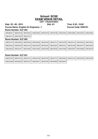 School: SCSE
EXAM VENUE DETAIL
CAT - I Examination
Date: 25 - 08 - 2013 Slot: A1 Time: 8.30 - 10.00
Course Name: English for Engineers - I Course Code: ENG101
Room Number: SJT 404
13BCB0001 13BCE0339 13BCE0402 13BCE0549 13BCE0679 13BCE0789 13BCE0502 13BCE0696 13BCE0042 13BCE0064
13BCE0414 13BCE0590 13BCE0751
Room Number: SJT 405
13BCE0778 13BCE0823 13BCE0845 13BCE0848 13BCE0259 13BCE0701 13BCE0766 13BCE0215 13BCE0029 13BCE0034
13BCE0052 13BCE0078 13BCE0192 13BCE0245 13BCE0252 13BCE0297 13BCE0321 13BCE0326 13BCE0377 13BCE0395
13BCE0405 13BCE0451 13BCE0482 13BCE0484 13BCE0548 13BCE0550 13BCE0560 13BCE0597 13BCE0666 13BCE0676
Room Number: SJT 421
13BCE0720 13BCE0722 13BCE0747 13BCE0749 13BCE0765 13BCE0772 13BCE0830 13BCE0416 13BCE0456 13BCE0302
13BCE0495 13BCE0622 13BCE0727 13BCE0831 13BCE0795 13BCE0805 13BCE0819
7/21
 