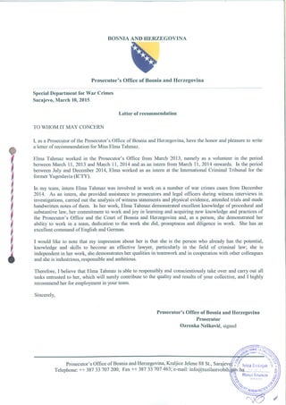 Letter of recommendation, prosecutor Ozrenka Nešković
