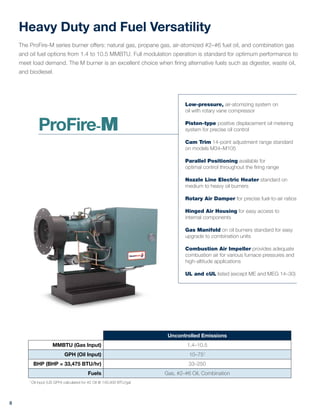 Heavy Duty and Fuel Versatility
The ProFire-M series burner offers: natural gas, propane gas, air-atomized #2–#6 fuel oil, and combination gas
and oil fuel options from 1.4 to 10.5 MMBTU. Full modulation operation is standard for optimum performance to
meet load demand. The M burner is an excellent choice when firing alternative fuels such as digester, waste oil,
and biodiesel.
Uncontrolled Emissions
MMBTU (Gas Input) 1.4–10.5
GPH (Oil Input) 10–751
BHP (BHP = 33,475 BTU/hr) 33–250
Fuels Gas, #2–#6 Oil, Combination
1
Oil input (US GPH) calculated for #2 Oil @ 140,000 BTU/gal
8
Low-pressure, air-atomizing system on
oil with rotary vane compressor
Piston-type positive displacement oil metering
system for precise oil control
Cam Trim 14-point adjustment range standard
on models M34–M105
Parallel Positioning available for
optimal control throughout the firing range
Nozzle Line Electric Heater standard on
medium to heavy oil burners
Rotary Air Damper for precise fuel-to-air ratios
Hinged Air Housing for easy access to
internal components
Gas Manifold on oil burners standard for easy
upgrade to combination units
Combustion Air Impeller provides adequate
combustion air for various furnace pressures and
high-altitude applications
UL and cUL listed (except ME and MEG 14–30)
ProFire-M
 