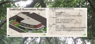 20 21
Click to return to Table of Contents.
Todd Hall Renovation Project Team Members & Contributions:
• Kiana
– Booklet – 4 sections
– Sheets – A9, A13-15, & A17
– Presentation –Slide layout, and renderings for 9 slides
• Charmel
– Booklet – Entire layout and 11 sections
– Sheets – All legends and schedules
– Presentation – All wording
• Alexis
– Booklet – 3 sections
– Sheets – Space planning for all three floors, working drawings
for original building, and sheets A1-8, 10-12, 16, 18-22.
– Presentation – All remaining renderings and perspectives
 