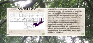 26 27
Click to return to Table of Contents.
Second Floor Our team decided to locate the International
department and the ORSP departments on the second
floor. The International Department requested
visibility, but does not require the prestige of the third
floor. The lobby on the second floor is a flag display
that can be seen from the exterior as a form of
wayfinding. The second floor provides the space
needed for their department staff, large classes,
entertaining, and events that they host.
ORSP is a small department that had less needs and
was fine with sharing a floor with International so
long as they had their own space and wanted a space
with lots of natural light.
 