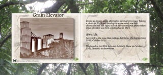 46 47
Click to return to Table of Contents.
Grain Elevator
Create an image using alternative develop processes. Taking
a photo in 2013 and develop in sepia using reactive
chemicals and sun light, to look like an original photo taken
when elevator was first constructed in 1901.
Awards:
Accepted to the Lone Star College Art Show. On display May
2012-October 2012.
Displayed at the IIDA Arts and Artifacts Show in October
2012, donated to showroom.
 