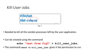 Kill-User-Jobs
• Needed to kill all the zombie processes left by the user application.
• Can be created using the command
echo “text from fig3” > kill_user_jobs.
• The command chmod +x kill_user_jobs gives it the permission to run.
Fig. 3
 