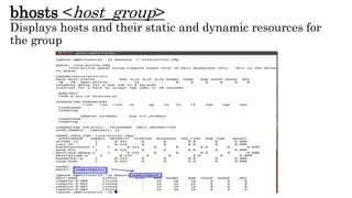 bhosts <host_group>
Displays hosts and their static and dynamic resources for
the group
 