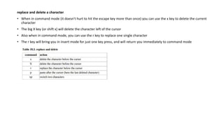 replace and delete a character
• When in command mode (it doesn't hurt to hit the escape key more than once) you can use the x key to delete the current
character
• The big X key (or shift x) will delete the character left of the cursor
• Also when in command mode, you can use the r key to replace one single character
• The r key will bring you in insert mode for just one key press, and will return you immediately to command mode
 