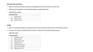 join two lines and more
• When in command mode, pressing J will append the next line to the current line
• With yyp you duplicate a line and with ddp you switch two lines
words
• When in command mode, w will jump to the next word and b will move to the previous word
• w and b can also be combined with d and y to copy and cut words (dw db yw yb)
 