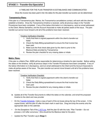 A TIMELINE FOR THE PLAN TRANSFER IS ESTABLISHED AND COMMUNICATED:
Once the invoice has been paid in full, the dates for the plan transfer-out events can be determined.
Transamerica Plans:
If the plan is a Transamerica plan, Marisa, the Transamerica cancellations contact, will work with the client to
establish a timeline. Once the Transamerica timeline is received, verify all previous steps in the Transfer
Procedures have been completed. If any of the below information is in discrepancy, send an email addressed
to the Client, Marisa SantaAna, and the Account Associate to make all parties aware of the issue. The plan
transfer-out cannot move forward until all of the problems have been resolved.
Matrix Plans:
If the plan is a Matrix Plan, SEBS will be responsible for determining a timeline for plan transfer. Before setting
the dates on the timeline, verify all previous steps in the Transfer Procedures have been completed. If any of
the below information is in discrepancy, send an email addressed to the Client and the Account Associate to
make all parties aware of the issue. The plan transfer-out cannot move forward until all of the problems have
been resolved.
A. Update all of the Transfer Documents to reflect the dates on the calendar, and email the proposed
timeline to the client and new provider
• On the Transfer Schedule, make a copy of each of the six boxes along the top of the screen. In the
copied boxes, add the plan ID after the dash mark in each box. Drag and drop the events onto the
appropriate date on the calendar.
• On the Exceptions Tab of the L & D Log, Add the plan ID with the note, “Plan Transfer – Do not
process L & D after xx/xx/xxxx,” (this should be the Blackout date for the plan).
• Update the Plan Transfer Log to Stage 3.
STAGE 3 – Transfer-Out Specialist
Timeline Verification Checklist:
1. Verify that there is signed paperwork within the client’s transfer-out
folder
2. Check the Daily Billing spreadsheet to ensure the final invoice has
been paid
3. Make sure the final check date given by the client is prior to the
Blackout Date provided by Transamerica
4. Review the plan checklist for any missing dates or initials
Timeline Verification Checklist:
1. Verify that there is signed paperwork within the client’s transfer-out
folder
2. Check the Daily Billing spreadsheet to ensure the final invoice has
been paid
3. Review the plan checklist for any missing dates or initials
 