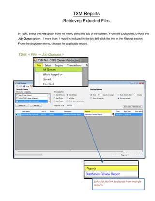 TSM Reports
-Retrieving Extracted Files-
In TSM, select the File option from the menu along the top of the screen. From the Dropdown, choose the
Job Queue option. If more than 1 report is included in the job, left-click the link in the Reports section.
From the dropdown menu, choose the applicable report.
TSM: < File → Job Queues >
Left-click the link to choose from multiple
reports
 
