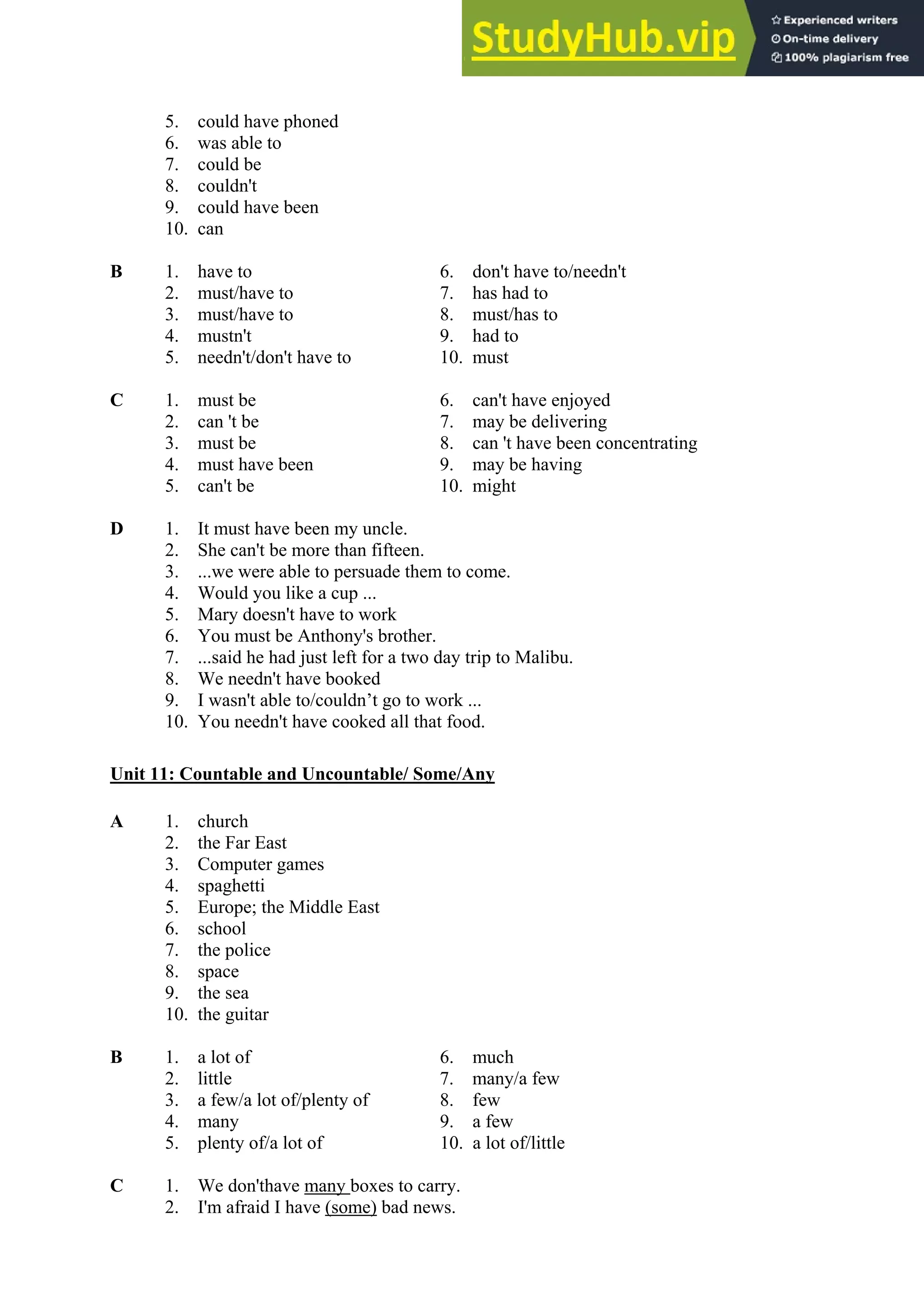 5. could have phoned
6. was able to
7. could be
8. couldn't
9. could have been
10. can
B 1. have to 6. don't have to/needn't
2. must/have to 7. has had to
3. must/have to 8. must/has to
4. mustn't 9. had to
5. needn't/don't have to 10. must
C 1. must be 6. can't have enjoyed
2. can 't be 7. may be delivering
3. must be 8. can 't have been concentrating
4. must have been 9. may be having
5. can't be 10. might
D 1. It must have been my uncle.
2. She can't be more than fifteen.
3. ...we were able to persuade them to come.
4. Would you like a cup ...
5. Mary doesn't have to work
6. You must be Anthony's brother.
7. ...said he had just left for a two day trip to Malibu.
8. We needn't have booked
9. I wasn't able to/couldn’t go to work ...
10. You needn't have cooked all that food.
Unit 11: Countable and Uncountable/ Some/Any
A 1. church
2. the Far East
3. Computer games
4. spaghetti
5. Europe; the Middle East
6. school
7. the police
8. space
9. the sea
10. the guitar
B 1. a lot of 6. much
2. little 7. many/a few
3. a few/a lot of/plenty of 8. few
4. many 9. a few
5. plenty of/a lot of 10. a lot of/little
C 1. We don'thave many boxes to carry.
2. I'm afraid I have (some) bad news.
 