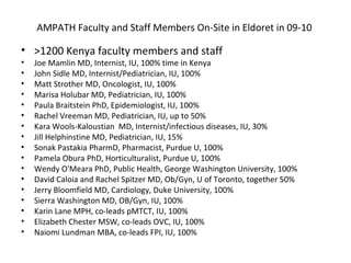 AMPATH Faculty and Staff Members On-Site in Eldoret in 09-10  >1200 Kenya faculty members and staff Joe Mamlin MD, Internist, IU, 100% time in Kenya John Sidle MD, Internist/Pediatrician, IU, 100% Matt Strother MD, Oncologist, IU, 100% Marisa Holubar MD, Pediatrician, IU, 100% Paula Braitstein PhD, Epidemiologist, IU, 100% Rachel Vreeman MD, Pediatrician, IU, up to 50% Kara Wools-Kaloustian  MD, Internist/infectious diseases, IU, 30% Jill Helphinstine MD, Pediatrician, IU, 15% Sonak Pastakia PharmD, Pharmacist, Purdue U, 100% Pamela Obura PhD, Horticulturalist, Purdue U, 100% Wendy O'Meara PhD, Public Health, George Washington University, 100% David Caloia and Rachel Spitzer MD, Ob/Gyn, U of Toronto, together 50%  Jerry Bloomfield MD, Cardiology, Duke University, 100% Sierra Washington MD, OB/Gyn, IU, 100% Karin Lane MPH, co-leads pMTCT, IU, 100% Elizabeth Chester MSW, co-leads OVC, IU, 100% Naiomi Lundman MBA, co-leads FPI, IU, 100% 