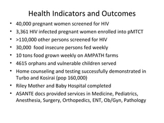 Health Indicators and Outcomes 40,000 pregnant women screened for HIV 3,361 HIV infected pregnant women enrolled into pMTCT >110,000 other persons screened for HIV 30,000  food insecure persons fed weekly 10 tons food grown weekly on AMPATH farms 4615 orphans and vulnerable children served Home counseling and testing successfully demonstrated in Turbo and Kosirai (pop 160,000) Riley Mother and Baby Hospital completed ASANTE docs provided services in Medicine, Pediatrics, Anesthesia, Surgery, Orthopedics, ENT, Ob/Gyn, Pathology 