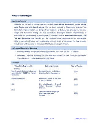 Narayani Natarajan
Experience Summary
Associate has 8.1 years of testing experience in Functional testing; Automation, System Testing,
Agile Testing and Web based testing. She has been involved in Requirement Analysis, Test
Estimation, implementation and design of test strategies and plans, test procedures, Test case
design and Functional Testing. She has successfully discharged Delivery responsibilities of
Functional and system testing in various projects for clients such as, World Bank Group USA, ADP
Tax ware Enterprise, and Centrica etc. She possesses strong communication and Interpersonal
skills to maintain effective work relationships with all levels of personnel. Her key strengths
include clear understanding of Business and Ability to work as part of team.
Professional Experience Summary
 Currently Working in Cognizant Technology Solutions, India from Dec 2011 to till Date.
 Worked for Cognizant Technology Solutions from Nov 2005 to Jun 2011. During the period (Jun
2011 to Nov 2011) I have worked in CSS Corp, India.
Education
Title of the Degree with
Branch
College/University Year of Passing
Post Graduate Diploma in Business
Administration (PGDBA) in Human
Resources
Bachelor of Physics
HSC
SSLC
Symbiosis Center for Distance
Learning, Pune, Maharashtra.
Meenakshi College of Arts and
Science, Chennai.
Sri Ahobilamath Oriental
Higher Secondary School,
Chennai.
GRT Mahalakshmi Vidyalaya
matriculation school,
Chennai.
2007
2005
2002
2000
Page 1 of 10 Dated: 05/15/15
 
