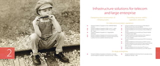 •	 Design/Installation/Upgrade of enterprise corporate
	 network based on operator’s network services – VPNL3.
•	 Design/Installation/Commissioning of corporate packet
	 telephone network – VoIP.
•	 Design/Installation/Upgrade of SDH /DWDM/CWDM
	 network.
•	 Design/Installation/Upgrade of MPLS core (P – layer).
•	 Design/Installation/Upgrade of MPLS Access/Edge
	 (PЕ – layer).
•	 Design/Installation/Upgrade of L2 Aggregation
	 (Ethernet).
•	 Design/Installation/Upgrade of Customer Access level.
•	 Design/Installation/Upgrade of Customer Terminal level
	 (customer access to packet network services).
•	 Design/Installation/Commissioning of Broadband
	 Remote Access Server service (BRAS).
•	 Design/Installation/Commissioning of Multicast service.
•	 Design/Installation/Commissioning of Route Reflector 	
	 service.
•	 Design/Installation/Commissioning of Session Border 	
	 Controller service (SBC).
•	 Design/Installation/Commissioning of the system of
	 voice services over packet network transit
	 (SS Class 4, MGW).
•	 Design/Installation/Commissioning of IPTV monitoring
	 system.
•	 Design/Installation/Commissioning of DHCP service.
•	 Design/Installation/Commissioning high speed Internet
	 service for fixed network operator and for wireless
	 WiFi network.
•	 Design/Installation/Commissioning IPTV service.
•	 Design/Installation/Commissioning L2/L3 VPN service.
Infrastructure solutions for telecom
and large enterprise
Designing and construction of
infrastructures
Providing services within
operators networks
for telecommunication operators:
for large enterprises:
2
 