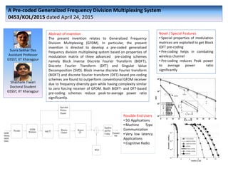 A Pre-coded Generalized Frequency Division Multiplexing System
0453/KOL/2015 dated April 24, 2015
Novel / Special Features
• Special properties of modulation
matrices are exploited to get Block
IDFT pre-coding
• Pre-coding helps in combating
wireless channel
• Pre-coding reduces Peak power
to average power ratio
significantly
Abstract of invention
The present invention relates to Generalized Frequency
Division Multiplexing (GFDM). In particular, the present
invention is directed to develop a pre-coded generalized
frequency division multiplexing system based on properties of
modulation matrix of three advanced pre-coding schemes
namely Block Inverse Discrete Fourier Transform (BIDFT),
Discrete Fourier Transform (DFT) and Singular Value
Decomposition (SVD). Block inverse discrete Fourier transform
(BIDFT) and discrete Fourier transform (DFT)-based pre-coding
schemes are found to outperform conventional GFDM receiver
due to frequency diversity gain while having complexity similar
to zero forcing receiver of GFDM. Both BIDFT- and DFT-based
pre-coding schemes reduce peak-to-average power ratio
significantly.
Suvra Sekhar Das
Assistant Professor
GSSST, IIT Kharagpur
Shashank Tiwari
Doctoral Student
GSSST, IIT Kharagpur
QAM
Modu
lated
Data
Possible End Users
• 5G Applications
• Machine Type
Communication
• Very low latency
Applications
• Cognitive Radio
 