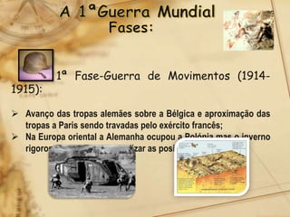 1ª Fase-Guerra de Movimentos (1914-
1915):

 Avanço das tropas alemães sobre a Bélgica e aproximação das
  tropas a Paris sendo travadas pelo exército francês;
 Na Europa oriental a Alemanha ocupou a Polónia mas o inverno
  rigoroso obrigou-a a normalizar as posições.
 
