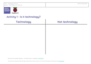 Activity 1 - Is it technology?
Year 1 - Technology around us
Lesson 1 – Technology in our classroom
Learner activity sheet
Technology Not technology
Resources are updated regularly — the latest version is available at: ncce.io/tcc.
This resource is licensed under the Open Government Licence, version 3. For more information on this licence, see ncce.io/ogl.
 