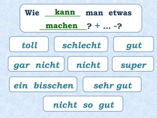 Wie _________ man etwas
____________? + … -?
kann
machen
toll schlecht
gar nicht super
ein bisschen
gut
nicht
sehr gut
nicht so gut
 