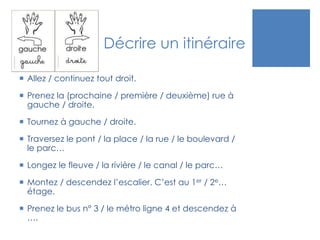 Décrire un itinéraire
 Allez / continuez tout droit.
 Prenez la (prochaine / première / deuxième) rue à
gauche / droite.
 Tournez à gauche / droite.
 Traversez le pont / la place / la rue / le boulevard /
le parc…
 Longez le fleuve / la rivière / le canal / le parc…
 Montez / descendez l’escalier. C’est au 1er / 2e…
étage.
 Prenez le bus n° 3 / le métro ligne 4 et descendez à
….
 