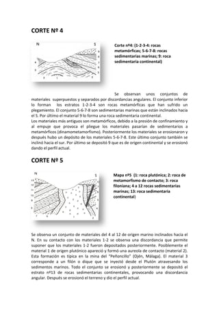 CORTE Nº 4
Corte nº4: (1-2-3-4: rocas
metamórficas; 5-6-7-8: rocas
sedimentarias marinas; 9: roca
sedimentaria continental)
Se observan unos conjuntos de
materiales superpuestos y separados por discordancias angulares. El conjunto inferior
lo forman los estratos 1-2-3-4 son rocas metamórficas que han sufrido un
plegamiento. El conjunto 5-6-7-8 son sedimentarias marinas que están inclinados hacia
el S. Por último el material 9 lo forma una roca sedimentaria continental.
Los materiales más antiguos son metamórficos, debido a la presión de confinamiento y
al empuje que provoca el pliegue los materiales pasarían de sedimentarios a
metamórficos (dinamometamorfismo). Posteriormente los materiales se erosionaron y
después hubo un depósito de los materiales 5-6-7-8. Este último conjunto también se
inclinó hacia el sur. Por último se depositó 9 que es de origen continental y se erosionó
dando el perfil actual.
CORTE Nº 5
Mapa nº5 (1: roca plutónica; 2: roca de
metamorfismo de contacto; 3: roca
filoniana; 4 a 12 rocas sedimentarias
marinas; 13: roca sedimentaria
continental)
Se observa un conjunto de materiales del 4 al 12 de origen marino inclinados hacia el
N. En su contacto con los materiales 1-2 se observa una discordancia que permite
suponer que los materiales 1-2 fueron depositados posteriormente. Posiblemente el
material 1 de origen plutónico apareció y formó una aureola de contacto (material 2).
Esta formación es típica en la mina del “Peñoncillo” (Ojén, Málaga). El material 3
corresponde a un filón o dique que se inyectó desde el Plutón atravesando los
sedimentos marinos. Todo el conjunto se erosionó y posteriormente se depositó el
estrato nº13 de rocas sedimentarias continentales, provocando una discordancia
angular. Después se erosionó el terreno y dio el perfil actual.
 
