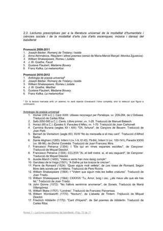 2.3. Lectures prescriptives per a la literatura universal de la modalitat d’humanitats i
ciències socials i de la modalitat d’arts (via d’arts escèniques, música i dansa) del
batxillerat


Promoció 2009-2011
1. Joseph Bédier, Romanç de Tristany i Isolda
2. Anna Akhmàtova, Rèquiem i altres poemes (versió de Maria-Mercè Marçal i Monika Zgustova)
3. William Shakespeare, Romeu i Julieta
4. J. W. Goethe, Faust
5. Gustave Flaubert, Madame Bovary
6. Franz Kafka, La metamorfosi

Promoció 2010-2012
1. Antologia de poesia universal*
2. Joseph Bédier, Romanç de Tristany i Isolda
3. William Shakespeare, Romeu i Julieta
4. J. W. Goethe, Werther
5. Gustave Flaubert, Madame Bovary
6. Franz Kafka, La metamorfosi

* En la lectura marcada amb un asterisc no serà objecte d’avaluació l’obra completa, sinó la selecció que figura a
continuació.


Antologia de poesia universal
    1. Homer (VIII a.C.): Cant XXIII. Ulisses reconegut per Penèlope, vv. 209-284, de L'Odissea.
        Traducció de Carles Riba.
    2. Safo (650-580 a.C.): Cants. Llibre primer, vv. 1-28. Traducció de Manuel Balasch.
    3. Horaci (65 a.C.): Èpodes II, Paraules d’Alfeu, vv. 1-70. Traducció de Joan Carbonell.
    4. Carmina Burana (segles XII i XIII): "Oh, fortuna", de Cançons de Beuern. Traducció de
        Joan Petit.
    5. Bernart de Ventadorn (segle XII): XVIII “No és meravella si el meu cant”. Traducció d’Alfred
        Badia.
    6. Dante Alighieri (1265): Infern I (vv.1-9, 61-63, 79-84), Infern V (vv. 100-141), Paradís XXXII
        (vv. 88-96), de Divina Comèdia. Traducció de Joan Francesc Mira.
    7. Francesco Petrarca (1304): I "Els qui en rimes esparses escolteu", de Cançoner.
        Traducció de Miquel Desclot.
    8. Francesco Petrarca (1304), CCLXVII "Ai, el bell rostre, ai, el seu esguard", de Cançoner.
        Traducció de Miquel Desclot.
    9. Ausiàs March (1400), “Veles e vents han mos desig complir”.
    10. Garcilaso de la Vega (1501), “A Dafne ya los brazos le crecían”.
    11. Pierre de Ronsard (1524): “Quan siguis molt velleta”, de Les roses de Ronsard, Segon
        llibre dels sonets per a Helena. Traducció de Pere Rovira.
    12. William Shakespeare (1564): I "Volem que siguin més les belles criatures”. Traducció de
        Joan Triadú.
    13. William Shakespeare (1564): CXXXVII “Tu, Amor, boig i cec, ¿als meus ulls què els has
        fet,” Traducció de Joan Triadú.
    14. John Donne (1572): "No t'altivis sentint-te anomenar", de Sonets. Traducció de Marià
        Villangómez.
    15. William Blake (1757): “Londres”. Traducció de Francesc Parcerisas.
    16. William Wordsworth (1770): “Nocturn”, de L'abadia de Tintern. Traducció de Miquel
        Desclot.
    17. Friedrich Hölderlin (1770): "Cant d'Hiperió", de Set poemes de Hölderlin. Traducció de
        Carles Riba.


Annex 1 – Lectures prescriptives de batxillerat –Pàg. 10 de 11
 