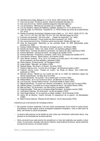 10.   Garcilaso de la Vega, Égloga III, vv. 8-10, 25-32, 3947 (antes de 1535)
    11.   Fray Luis de León, “El aire se serena” (Oda III) (mediados del siglo XVI)
    12.   San Juan de la Cruz, Cántico espiritual (segunda mitad del siglo XVI)
    13.   Luis de Góngora, “Mientras por competir con tu cabello” (ca. 1582)
    14.   Luis de Góngora, Fábula de Polifemo y Galatea, estrofas 4-9, 13-14, 62-63 (1611)
    15.   Lope de Vega, /La Filomena/, “Epístola IX”, vv. 49-63 (Pasan las horas de la edad florida)
          (ca. 1610)
    16.   Andrés Fernández de Andrada, Epístola moral a Fabio, vv. 1-21, 46-51, 58-63, 67-72, 100-
          108, 115-117, 127-129, 163-168, 172-174, 181-195, 202-205 (antes de 1613)
    17.   Francisco de Quevedo, “¡Ah de la vida!”… ¿Nadie me responde?” (ca. 1640)
    18.   Francisco de Quevedo, “Cerrar podrá mis ojos la postrera” (ca. 1620)
    19.   Sor Juana Inés de la Cruz, “Hombres necios que acusáis” (finales del siglo XVII)
    20.   José de Espronceda, “Marchitas ya las juveniles flores” (A XXX dedicándole estas
          poesías) (ca. 1840)
    21.   Gustavo Adolfo Bécquer, “Del salón en el ángulo oscuro”, de Rimas (1868)
    22.   Rosalía de Castro, “Adiós, ríos; adiós, fontes”, de Cantares gallegos (1863)
    23.   Rubén Darío, “Canción de otoño en primavera”, de Cantos de vida y esperanza (1905)
    24.   Antonio Machado, “Campos de Soria”, de Campos de Castilla (1912)
    25.   Antonio Machado, “Proverbios y cantares”, XXIX, XLIV, de Campos de Castilla (1917)
    26.   Juan Ramón Jiménez, “Álamo blanco”, de Canción (1936)
    27.   Juan Ramón Jiménez, “Si yo, por ti, he creado un mundo para ti” (El nombre conseguido
          de los nombres), de Dios deseado y deseante (1949)
    28.   Pedro Salinas, “El alma tenías”, de Presagios (1924)
    29.   Jorge Guillén, “Más allá”, de Cántico (1928)
    30.   Gerardo Diego, “Río Duero, río Duero”, de Soria (1923)
    31.   Federico García Lorca, “La luna vino a la fragua”, de Romancero gitano (1927)
    32.   Federico García Lorca, “Ciudad sin sueño”, de Poeta en Nueva York (1929-1930,
          publicado en 1940)
    33.   Dámaso Alonso, “Madrid es una ciudad de más de un millón de cadáveres (según las
          últimas estadísticas)”, de Hijos de la ira (1944)
    34.   Vicente Alexandre, “Se querían”, de La destrucción o el amor (1935)
    35.   Rafael Alberti, “Si mi voz muriera en tierra”, de Marinero en tierra (1924)
    36.   Luis Cernuda, “Donde habite el olvido”, de Donde habite el olvido (1933)
    37.   Miguel Hernández, “Yo quiero ser, llorando, el hortelano”, de El rayo que no cesa (1936)
    38.   Gabriel Celaya, “La poesía es un arma cargada de futuro”, de Cantos iberos (1955)
    39.   Blas de Otero, “En el principio”, de Pido la paz y la palabra (1955)
    40.   Ángel González, “Para que yo me llame Ángel González”, de Áspero mundo (1956)
    41.   José María Valverde, “En el principio”, de Ser de palabra (1976)
    42.   José Ángel Valente, “Si no creamos un objeto metálico”, de El inocente (1970)
    43.   Jaime Gil de Biedma, “Intento formular mi experiencia de la guerra”, de Moralidades
          (1966)
    44.   María Victoria Atencia, “Placeta de San Marcos”, de El coleccionista (1979)

Indicacions per a les edicions de l’antologia anterior:

–   Els poemes d’autors medievals (1-8) han d’anar acompanyats d’una versió en prosa actual.
    Cal destacar el text original, amb la consegüent adaptació ortogràfica i, amb un altre tipus de
    lletra, cal introduir la versió actualitzada.

–   La lectura dels poemes ha de facilitar-se amb notes que introdueixin aclariments lèxics. Cap
    paraula no ha d’entrebancar la lectura del text.

–   Seria convenient que cada poema fos precedit per un breu text explicatiu que ajudés a situar
    l’autor i la seva obra. Aquesta nota hauria d’afavorir essencialment la lectura, sense pretendre
    la inserció de l’obra en un context històric.


Annex 1 – Lectures prescriptives de batxillerat –Pàg. 5 de 11
 