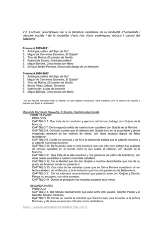 2.2. Lectures prescriptives per a la literatura castellana de la modalitat d’humanitats i
ciències socials i de la modalitat d’arts (via d’arts escèniques, música i dansa) del
batxillerat


Promoció 2009-2011
1. Antología poética del Siglo de Oro*
2. Miguel de Cervantes Saavedra, El Quijote*
3. Tirso de Molina, El burlador de Sevilla
4. Rosalía de Castro, Antología poética*
5. Miguel Delibes, Cinco horas con Mario
6. Enrique Jardiel Poncela, Eloísa está debajo de un almendro

Promoció 2010-2012
1. Antología poética del Siglo de Oro*
2. Miguel de Cervantes Saavedra, El Quijote*
3. Tirso de Molina, El burlador de Sevilla
4. Benito Pérez Galdós, Tormento
5. Valle-Inclán, Luces de bohemia
6. Miguel Delibes, Cinco horas con Mario


* En les lectures marcades amb un asterisc no serà objecte d’avaluació l’obra completa, sinó la selecció de capítols o
poemes que figura a continuació.



Miguel de Cervantes Saavedra, El Quijote. Capítols seleccionats
     PRIMERA PARTE
        PRÓLOGO
        CAPÍTULO 1. Que trata de la condición y ejercicio del famoso hidalgo don Quijote de la
        Mancha.
        CAPÍTULO 7. De la segunda salida de nuestro buen caballero don Quijote de la Mancha.
        CAPÍTULO 8. Del buen suceso que el valeroso don Quijote tuvo en la espantable y jamás
        imaginada aventura de los molinos de viento, con otros sucesos dignos de felice
        recordación.
        CAPÍTULO 9. Donde se concluye y da fin a la estupenda batalla que el gallardo vizcaíno y
        el valiente manchego tuvieron.
        CAPÍTULO 20. De la jamás vista ni oída aventura que con más poco peligro fue acabada
        de famoso caballero en el mundo como la que acabó el valeroso don Quijote de la
        Mancha.
        CAPÍTULO 21. Que trata de la alta aventura y rica ganancia del yelmo de Mambrino, con
        otras cosas sucedidas a nuestro invencible caballero.
        CAPÍTULO 22. De la libertad que dio don Quijote a muchos desdichados que mal de su
        grado los llevaban donde no quisieran ir.
        CAPÍTULO 25. Que trata de las estrañas cosas que en Sierra Morena sucedieron al va-
        liente caballero de la Mancha, y de la imitación que hizo a la penitencia de Beltenebros.
        CAPÍTULO 31. De los sabrosos razonamientos que pasaron entre don Quijote y Sancho
        Panza, su escudero, con otros sucesos.
        CAPÍTULO 44. Donde se prosiguen los inauditos sucesos de la venta.

       SEGUNDA PARTE
        PRÓLOGO
        CAPÍTULO 3. Del ridículo razonamiento que pasó entre don Quijote, Sancho Panza y el
        bachiller Sansón Carrasco.
        CAPÍTULO 10. Donde se cuenta la industria que Sancho tuvo para encantar a la señora
        Dulcinea, y de otros sucesos tan ridículos como verdaderos.

Annex 1 – Lectures prescriptives de batxillerat –Pàg. 7 de 11
 