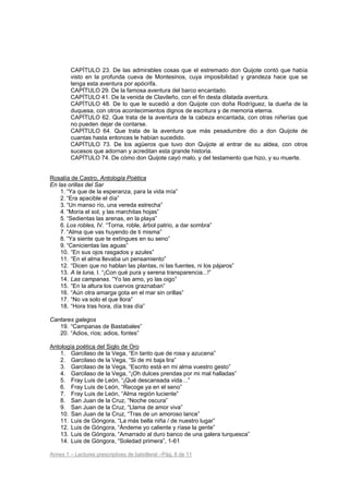 CAPÍTULO 23. De las admirables cosas que el estremado don Quijote contó que había
        visto en la profunda cueva de Montesinos, cuya imposibilidad y grandeza hace que se
        tenga esta aventura por apócrifa.
        CAPÍTULO 29. De la famosa aventura del barco encantado.
        CAPÍTULO 41. De la venida de Clavileño, con el fin desta dilatada aventura.
        CAPÍTULO 48. De lo que le sucedió a don Quijote con doña Rodríguez, la dueña de la
        duquesa, con otros acontecimientos dignos de escritura y de memoria eterna.
        CAPÍTULO 62. Que trata de la aventura de la cabeza encantada, con otras niñerías que
        no pueden dejar de contarse.
        CAPÍTULO 64. Que trata de la aventura que más pesadumbre dio a don Quijote de
        cuantas hasta entonces le habían sucedido.
        CAPÍTULO 73. De los agüeros que tuvo don Quijote al entrar de su aldea, con otros
        sucesos que adornan y acreditan esta grande historia.
        CAPÍTULO 74. De cómo don Quijote cayó malo, y del testamento que hizo, y su muerte.


Rosalía de Castro, Antología Poética
En las orillas del Sar
    1. “Ya que de la esperanza, para la vida mía”
    2. “Era apacible el día”
    3. “Un manso río, una vereda estrecha”
    4. “Moría el sol, y las marchitas hojas”
    5. “Sedientas las arenas, en la playa”
    6. Los robles, IV. “Torna, roble, árbol patrio, a dar sombra”
    7. “Alma que vas huyendo de ti misma”
    8. “Ya siente que te extingues en su seno”
    9. “Cenicientas las aguas”
    10. “En sus ojos rasgados y azules”
    11. “En el alma llevaba un pensamiento”
    12. “Dicen que no hablan las plantas, ni las fuentes, ni los pájaros”
    13. A la luna, I. “¡Con qué pura y serena transparencia...!”
    14. Las campanas. “Yo las amo, yo las oigo”
    15. “En la altura los cuervos graznaban”
    16. “Aún otra amarga gota en el mar sin orillas”
    17. “No va solo el que llora”
    18. “Hora tras hora, día tras día”

Cantares galegos
   19. “Campanas de Bastabales”
   20. “Adios, ríos; adios, fontes”

Antología poética del Siglo de Oro
    1. Garcilaso de la Vega, “En tanto que de rosa y azucena”
    2. Garcilaso de la Vega, “Si de mi baja lira”
    3. Garcilaso de la Vega, “Escrito está en mi alma vuestro gesto”
    4. Garcilaso de la Vega, “¡Oh dulces prendas por mi mal halladas”
    5. Fray Luis de León, “¡Qué descansada vida…”
    6. Fray Luis de León, “Recoge ya en el seno”
    7. Fray Luis de León, “Alma región luciente”
    8. San Juan de la Cruz, “Noche oscura”
    9. San Juan de la Cruz, “Llama de amor viva”
    10. San Juan de la Cruz, “Tras de un amoroso lance”
    11. Luis de Góngora, “La más bella niña / de nuestro lugar”
    12. Luis de Góngora, “Ándeme yo caliente y ríase la gente”
    13. Luis de Góngora, “Amarrado al duro banco de una galera turquesca”
    14. Luis de Góngora, “Soledad primera”, 1-61

Annex 1 – Lectures prescriptives de batxillerat –Pàg. 8 de 11
 