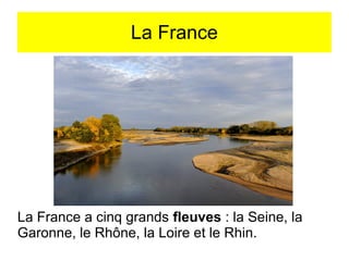 La France

La France a cinq grands fleuves : la Seine, la
Garonne, le Rhône, la Loire et le Rhin.

 