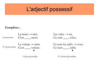 L'adjectif possessif
Complétez :
1 possesseur

2+ possesseurs

La moto → moi.
C'est ____ moto.

Les vélos → toi.
Ce sont ____ vélos.

La voiture → amis.
C'est ____ voiture.

Ce sont les cafés → vous.
Ce sont ____ cafés.

1 chose possédée

2+ choses possédées

 