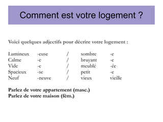 Comment est votre logement ?
Voici quelques adjectifs pour décrire votre logement :
Lumineux
Calme
Vide
Spacieux
Neuf

-euse
-e
-e
-se
-neuve

/
/
/
/
/

sombre
bruyant
meublé
petit
vieux

Parlez de votre appartement (masc.)
Parlez de votre maison (fém.)

-e
-e
-ée
-e
vieille

 