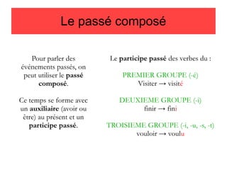 Le passé composé
Pour parler des
événements passés, on
peut utiliser le passé
composé.

Le participe passé des verbes du :

Ce temps se forme avec
un auxiliaire (avoir ou
être) au présent et un
participe passé.

DEUXIEME GROUPE (-i)
finir → fini

PREMIER GROUPE (-é)
Visiter → visité

TROISIEME GROUPE (-i, -u, -s, -t)
vouloir → voulu

 