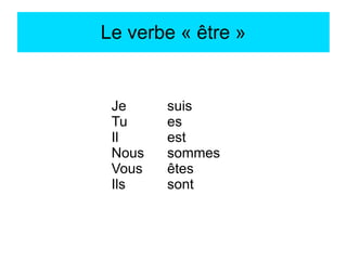 Le verbe « être »

Je
Tu
Il
Nous
Vous
Ils

suis
es
est
sommes
êtes
sont

 