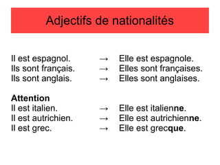 Adjectifs de nationalités
Il est espagnol.
Ils sont français.
Ils sont anglais.

→
→
→

Elle est espagnole.
Elles sont françaises.
Elles sont anglaises.

Attention
Il est italien.
Il est autrichien.
Il est grec.

→
→
→

Elle est italienne.
Elle est autrichienne.
Elle est grecque.

 