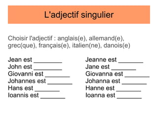 L'adjectif singulier
Choisir l'adjectif : anglais(e), allemand(e),
grec(que), français(e), italien(ne), danois(e)
Jean est ________
John est ________
Giovanni est _______
Johannes est _______
Hans est _______
Ioannis est _______

Jeanne est _______
Jane est _______
Giovanna est _______
Johanna est _______
Hanne est _______
Ioanna est _______

 